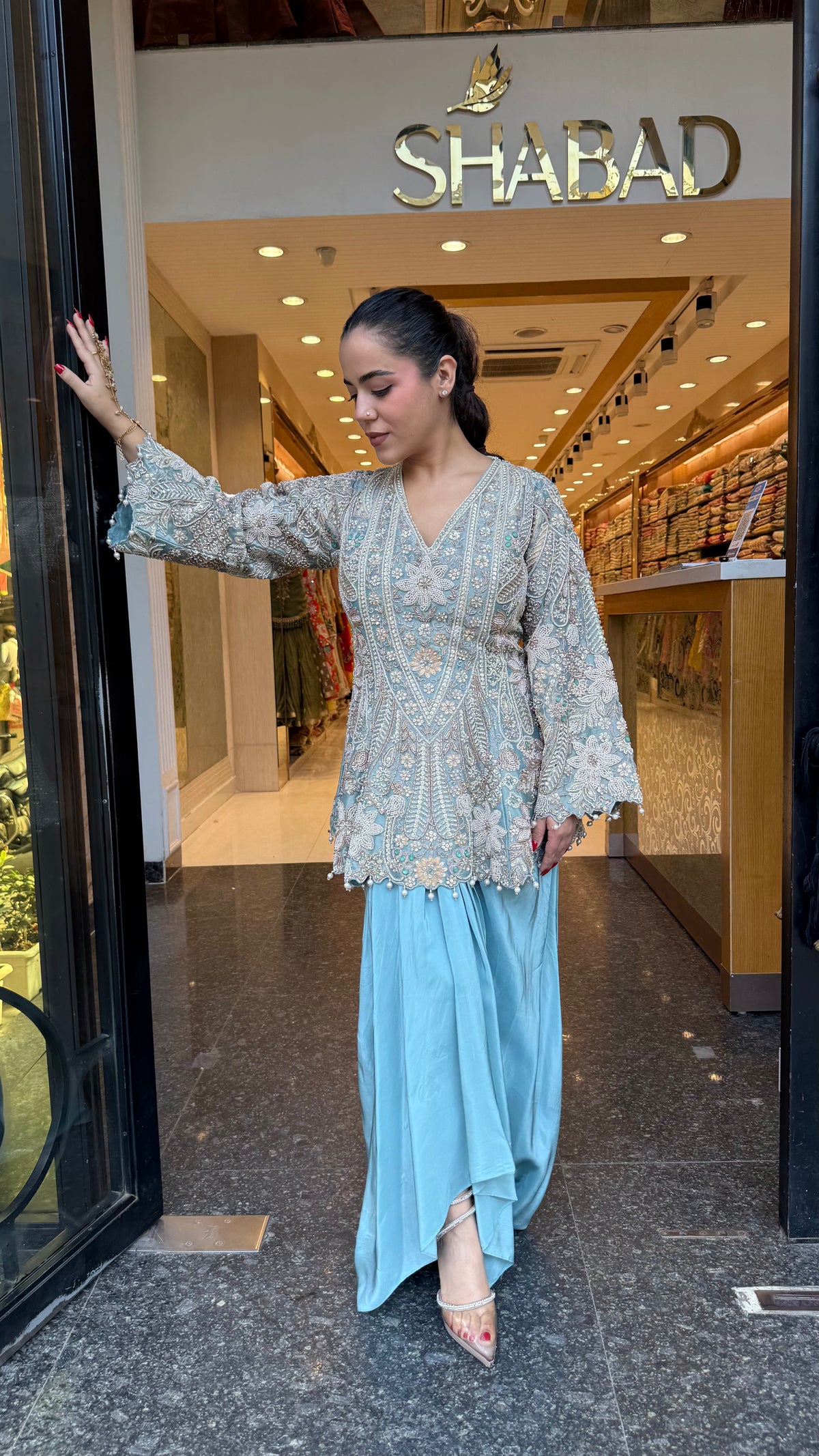 Designer Handworked Indo-Western Shirt & Crepe Bottom Set – Beads, Pearls & Sequin Work (delivery with 15-20 days)