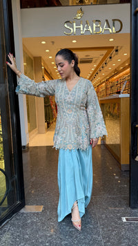 Designer Handworked Indo-Western Shirt & Crepe Bottom Set – Beads, Pearls & Sequin Work (delivery with 15-20 days)