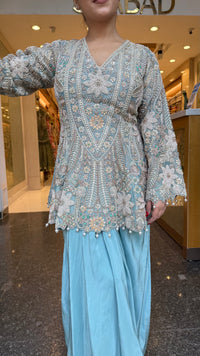 Designer Handworked Indo-Western Shirt & Crepe Bottom Set – Beads, Pearls & Sequin Work (delivery with 15-20 days)
