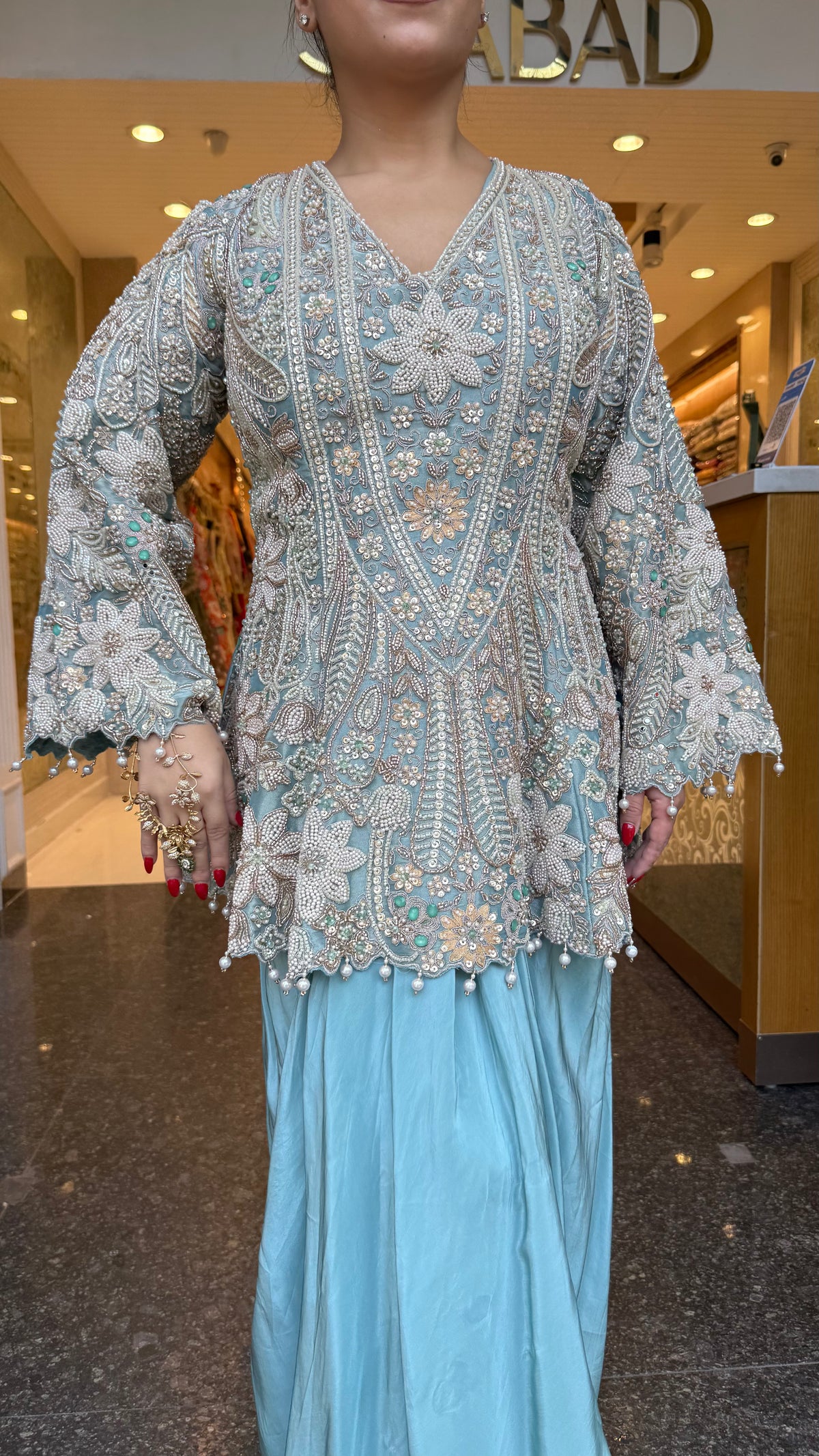 Designer Handworked Indo-Western Shirt & Crepe Bottom Set – Beads, Pearls & Sequin Work (delivery with 15-20 days)