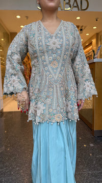 Designer Handworked Indo-Western Shirt & Crepe Bottom Set – Beads, Pearls & Sequin Work (delivery with 15-20 days)