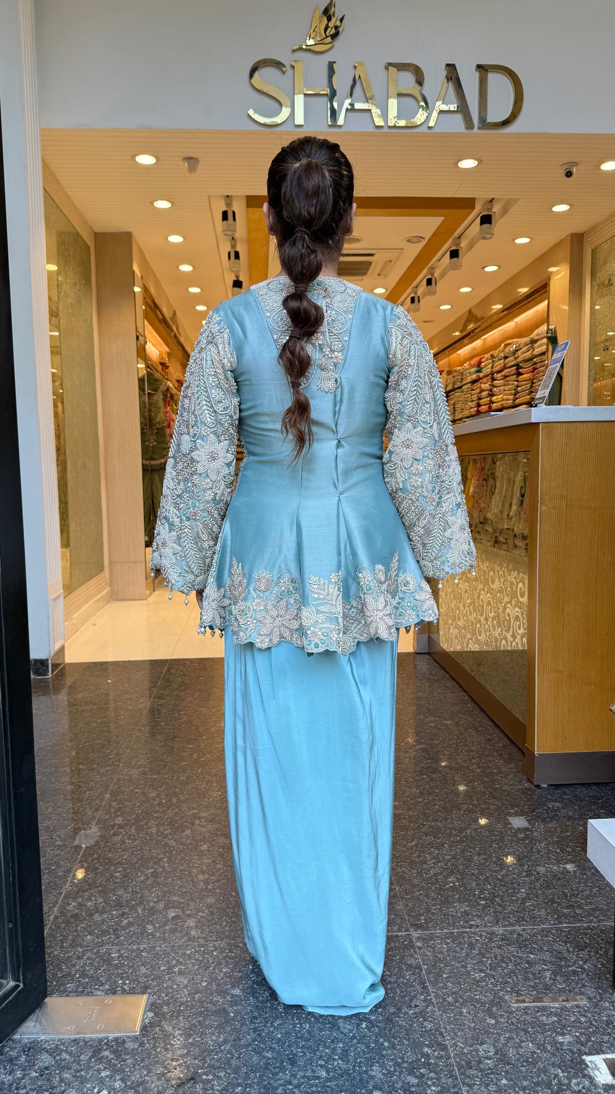 Designer Handworked Indo-Western Shirt & Crepe Bottom Set – Beads, Pearls & Sequin Work (delivery with 15-20 days)