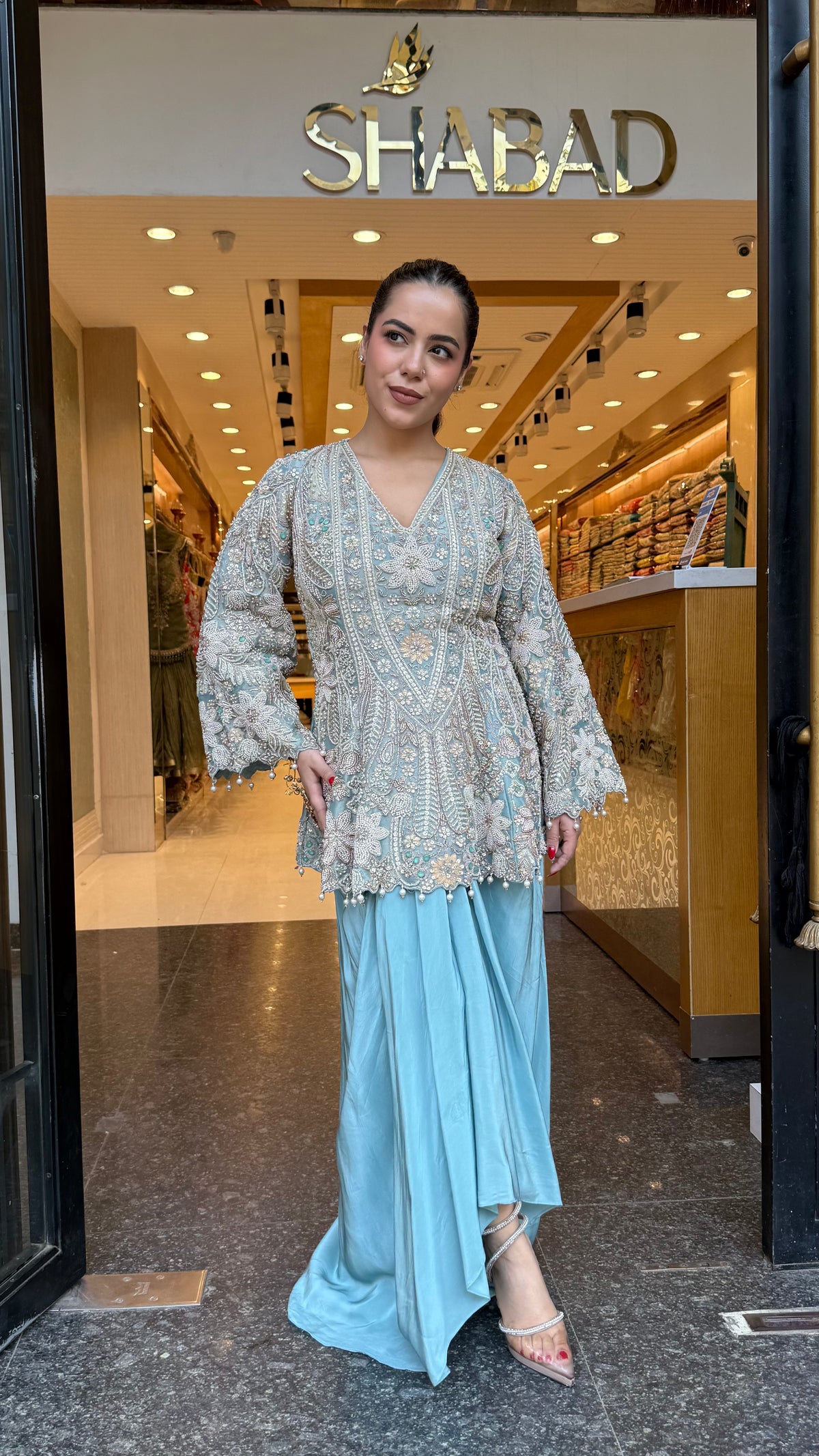 Designer Handworked Indo-Western Shirt & Crepe Bottom Set – Beads, Pearls & Sequin Work (delivery with 15-20 days)