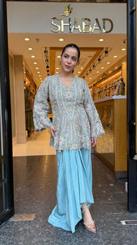 Designer Handworked Indo-Western Shirt & Crepe Bottom Set – Beads, Pearls & Sequin Work (delivery with 15-20 days)