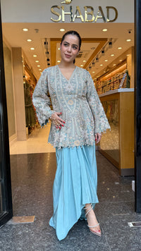 Designer Handworked Indo-Western Shirt & Crepe Bottom Set – Beads, Pearls & Sequin Work (delivery with 15-20 days)