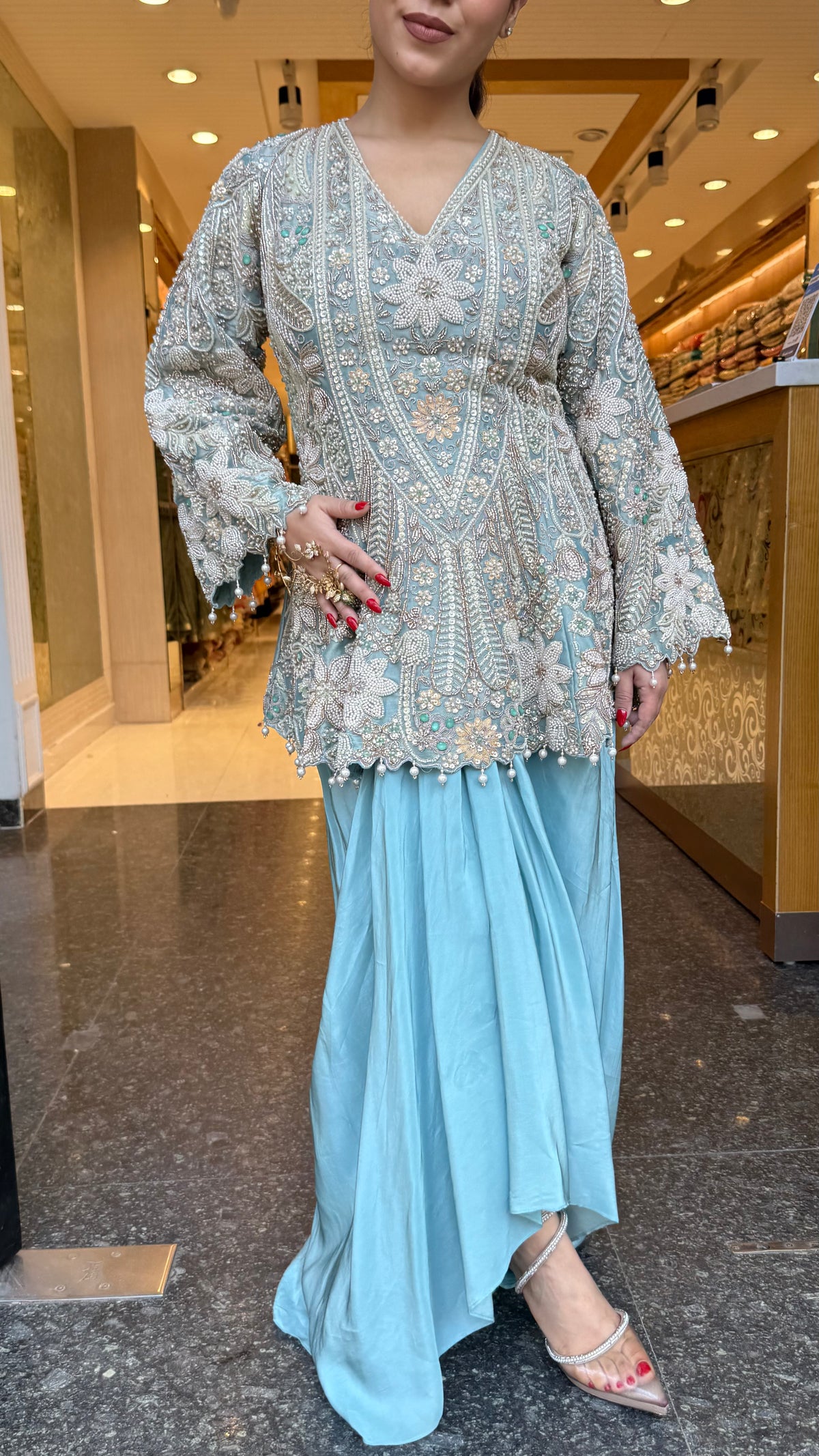 Designer Handworked Indo-Western Shirt & Crepe Bottom Set – Beads, Pearls & Sequin Work (delivery with 15-20 days)