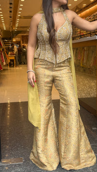 Premium Banarasi Shimmer Indo-Western Set with Mirror, Dabka & Pearl Work