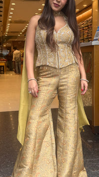 Premium Banarasi Shimmer Indo-Western Set with Mirror, Dabka & Pearl Work