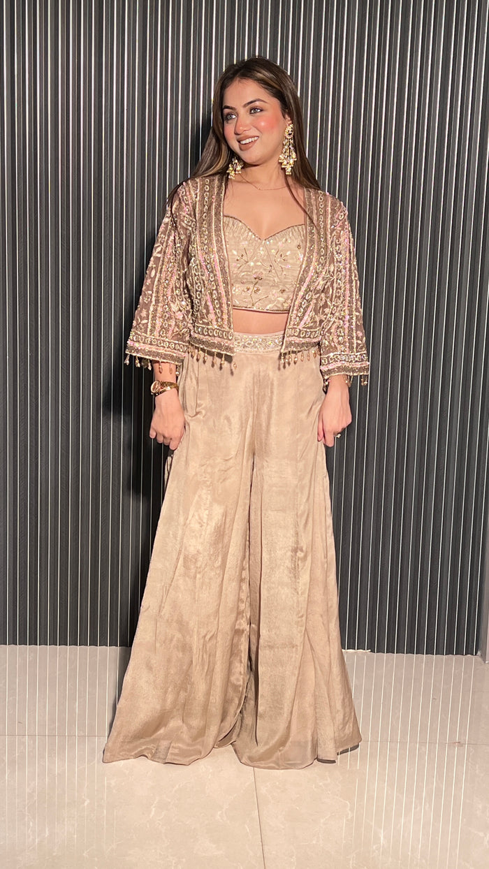 Elegant 3-Piece Set with Blouse, Palazzo & Shrug – Cut Dana Embellishment