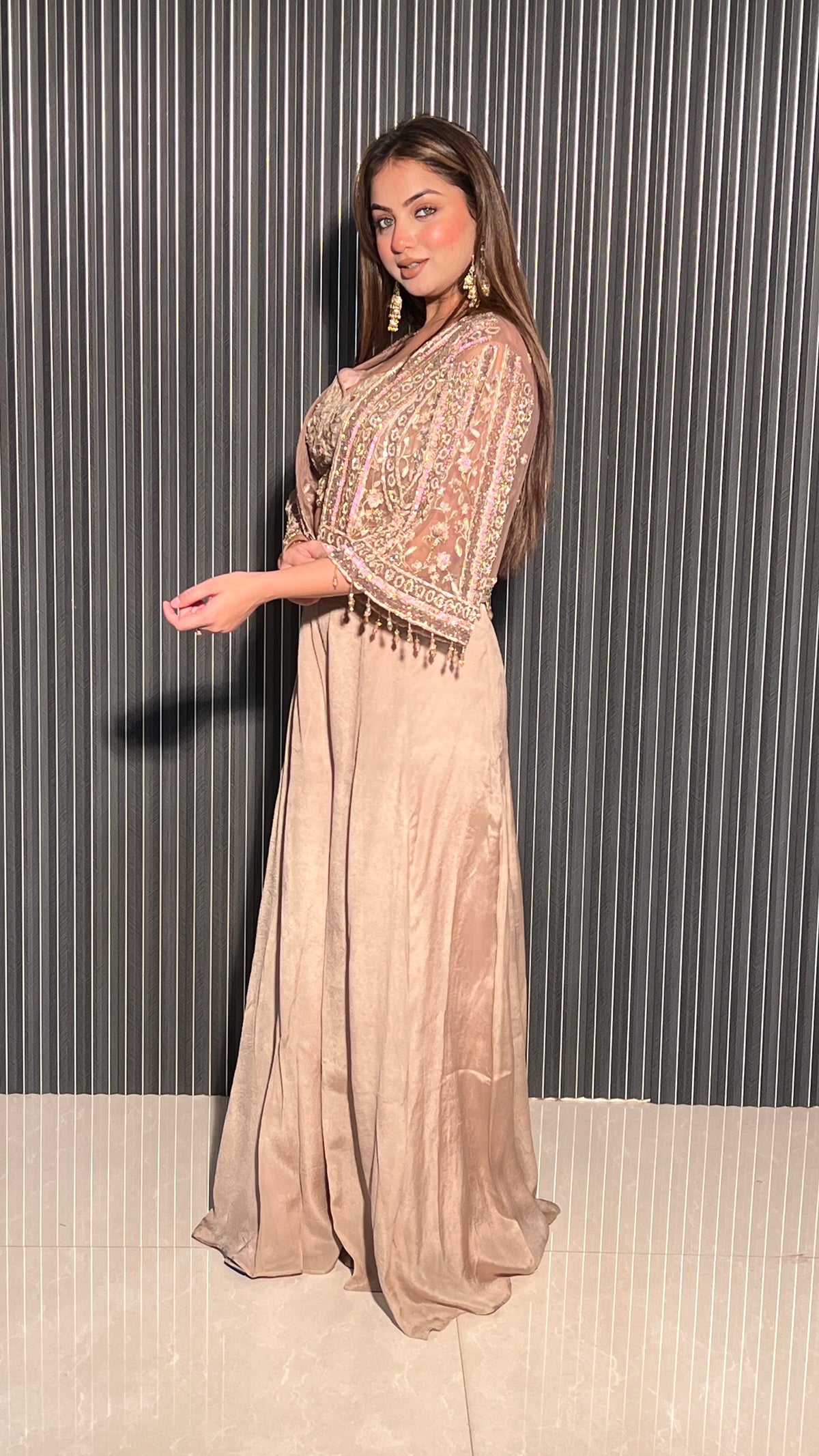 Elegant 3-Piece Set with Blouse, Palazzo & Shrug – Cut Dana Embellishment