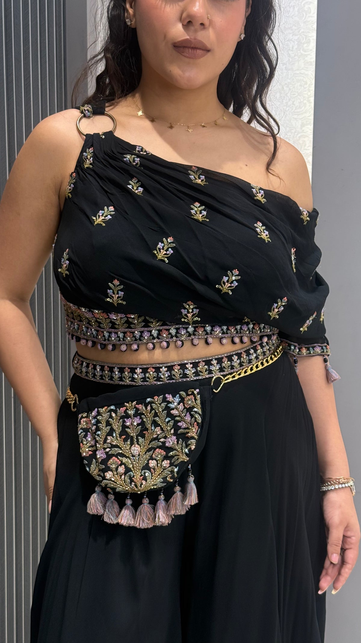 Indo-Western Kashmiri Embroidered Set with Purse & Choker Dupatta