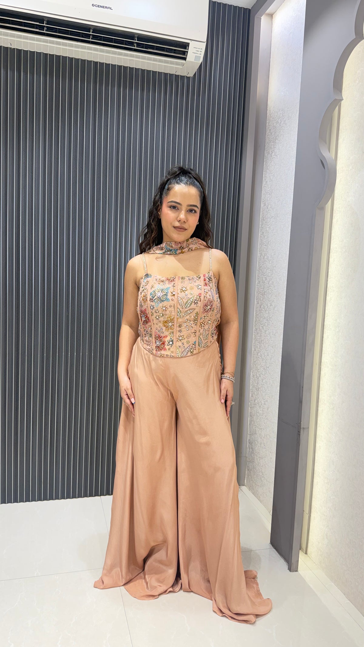 Indo-Western Printed Corset Set with Mirror, Sequin & Badla Work