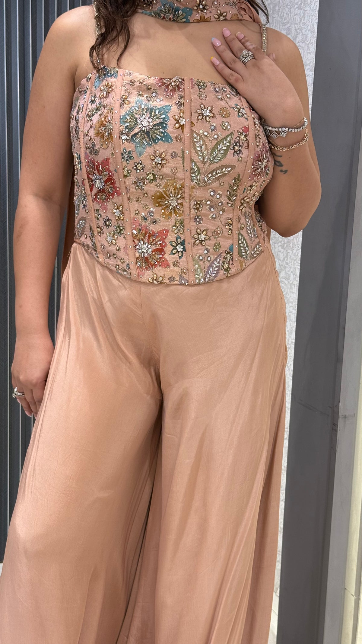 Indo-Western Printed Corset Set with Mirror, Sequin & Badla Work