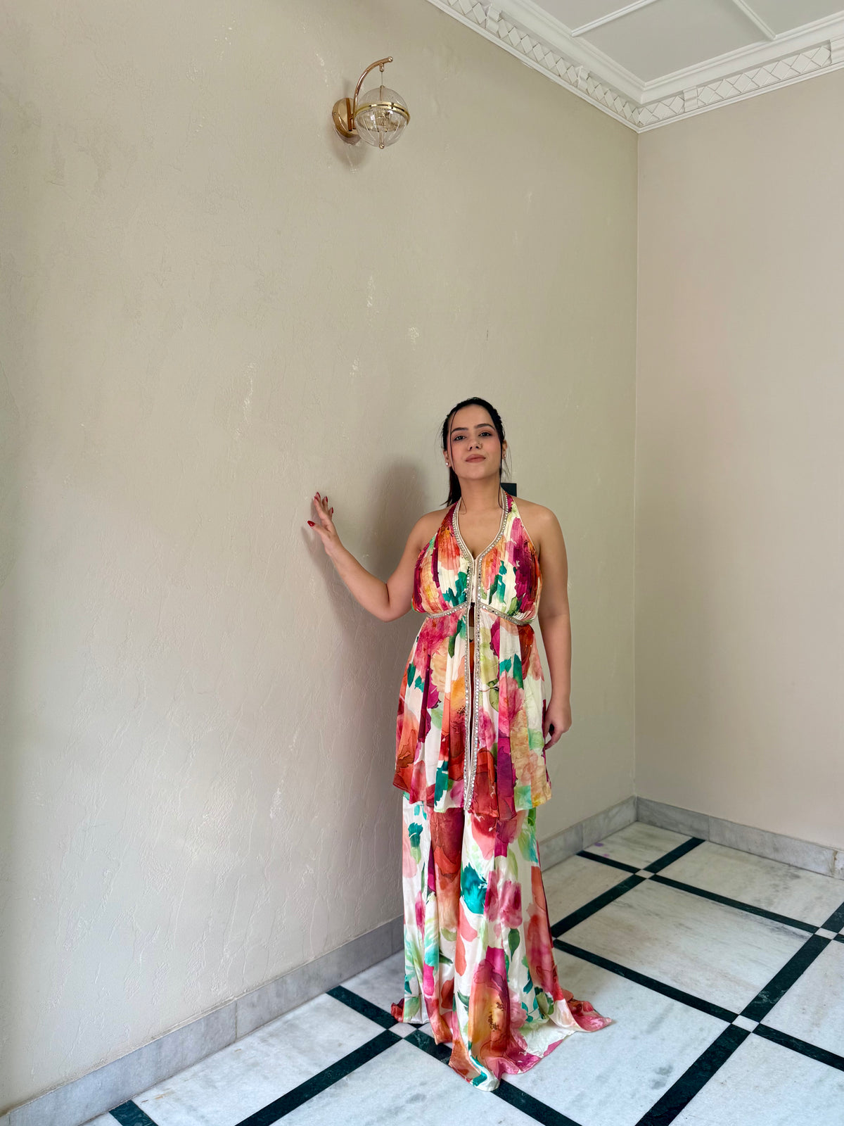 Indowestern Crepe Digital Print Set with Mirror Work