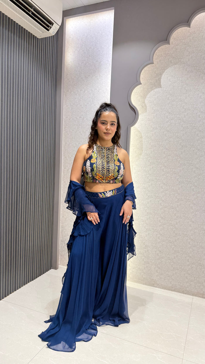 Indo-Western Set with Thread Embroidery, Cutdana, Pearls & Swarovski Work with Ruffle Dupatta