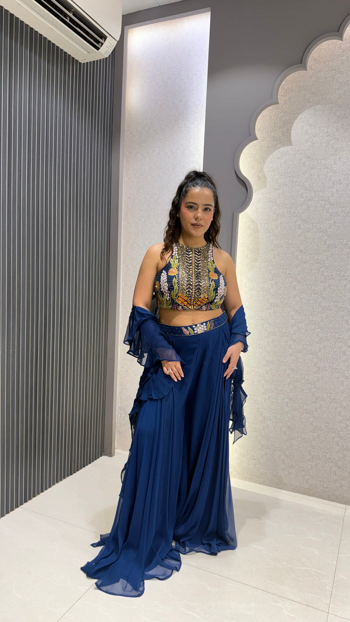 Indo-Western Set with Thread Embroidery, Cutdana, Pearls & Swarovski Work with Ruffle Dupatta