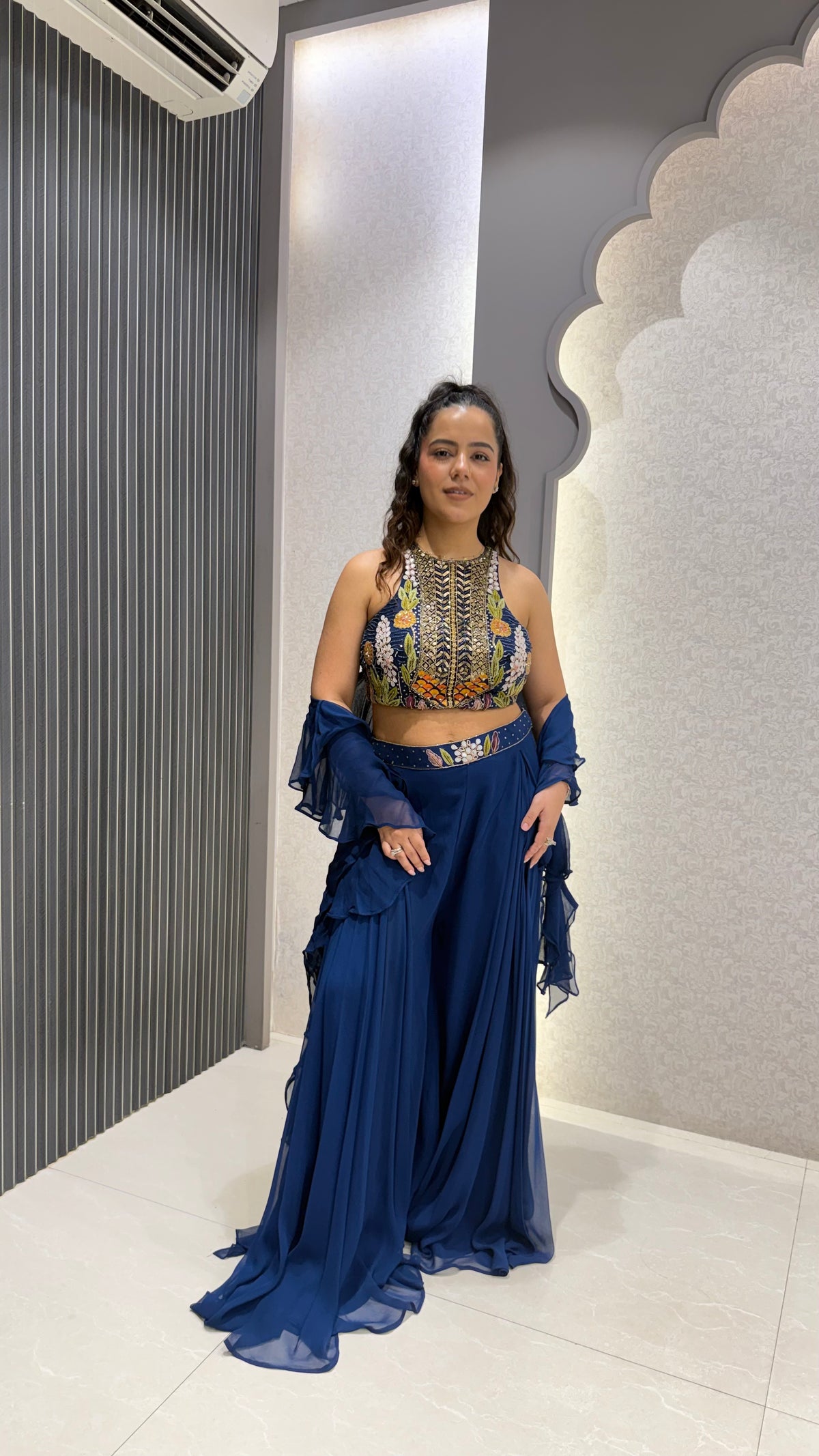 Indo-Western Set with Thread Embroidery, Cutdana, Pearls & Swarovski Work with Ruffle Dupatta