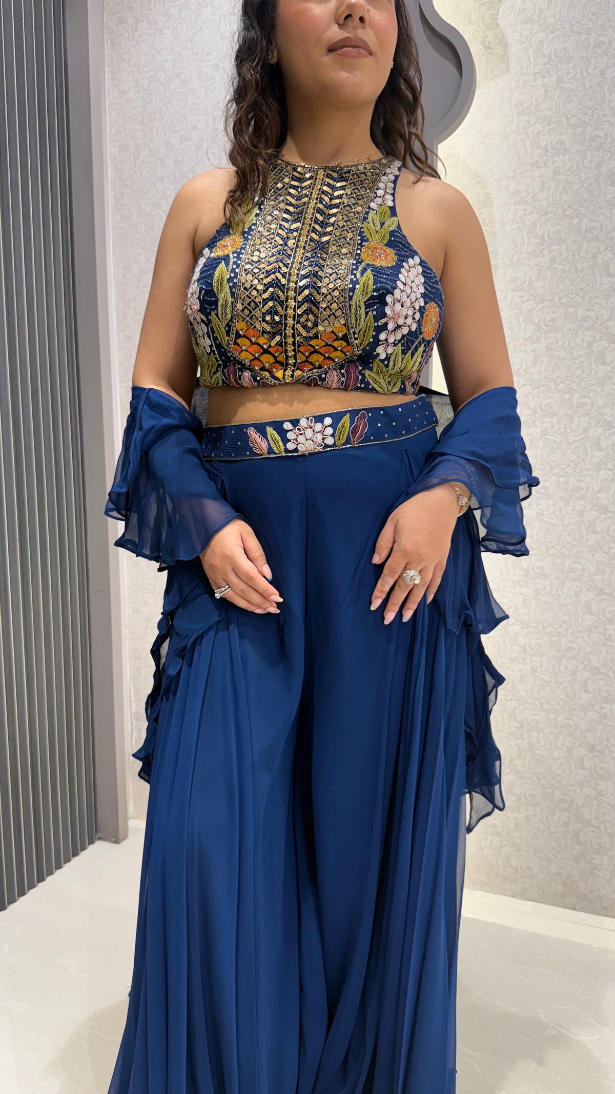 Indo-Western Set with Thread Embroidery, Cutdana, Pearls & Swarovski Work with Ruffle Dupatta