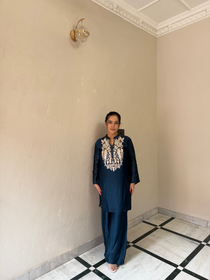 Parsi Thread Embroidery Co-Ord Set in Satin Silk