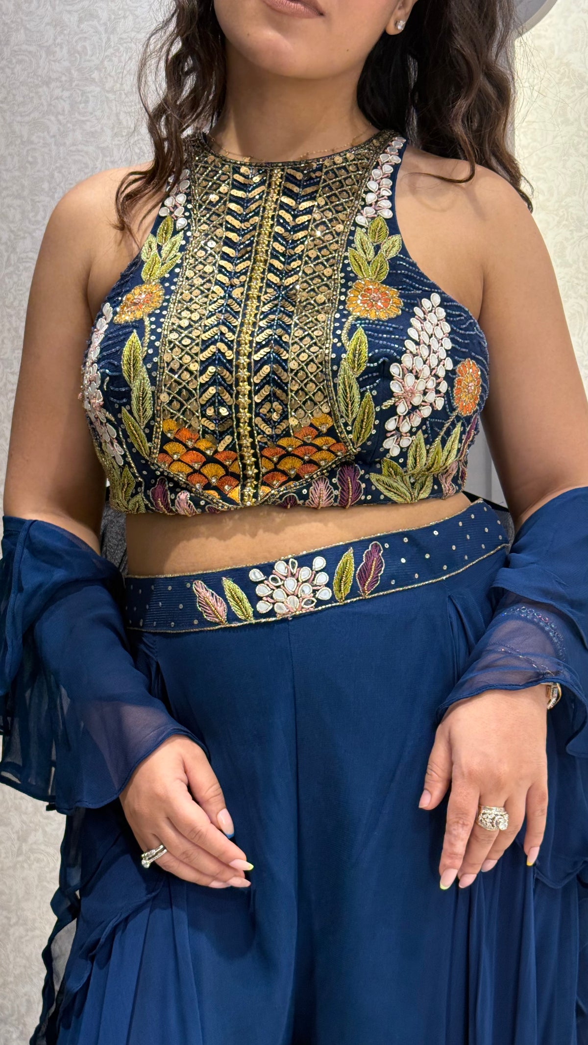 Indo-Western Set with Thread Embroidery, Cutdana, Pearls & Swarovski Work with Ruffle Dupatta