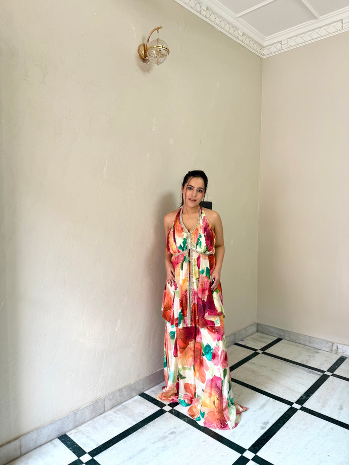 Indowestern Crepe Digital Print Set with Mirror Work