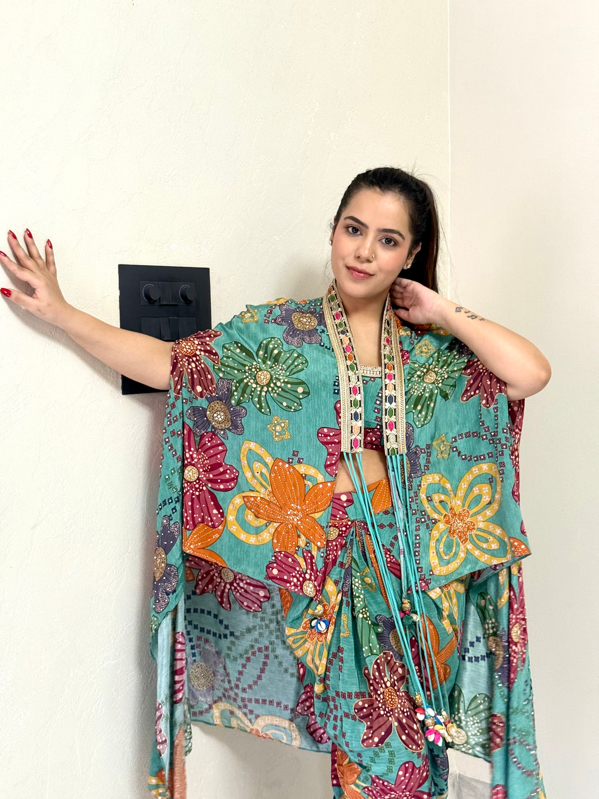 Digital Print Satin Silk Indowestern with Tulip Pants