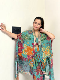 Digital Print Satin Silk Indowestern with Tulip Pants