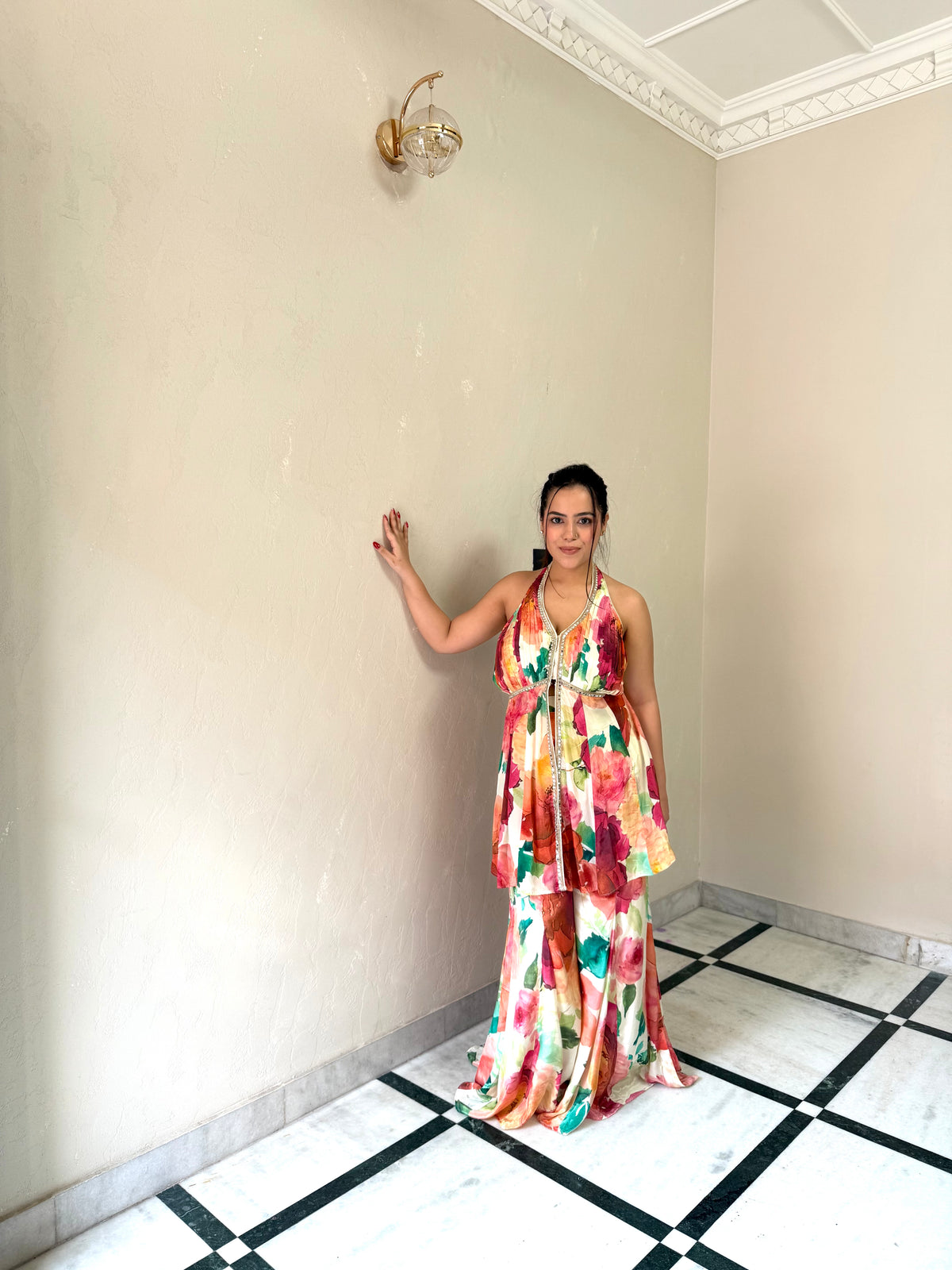 Indowestern Crepe Digital Print Set with Mirror Work