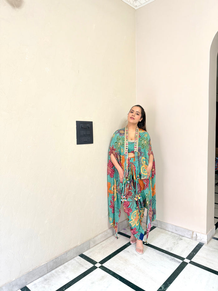 Digital Print Satin Silk Indowestern with Tulip Pants