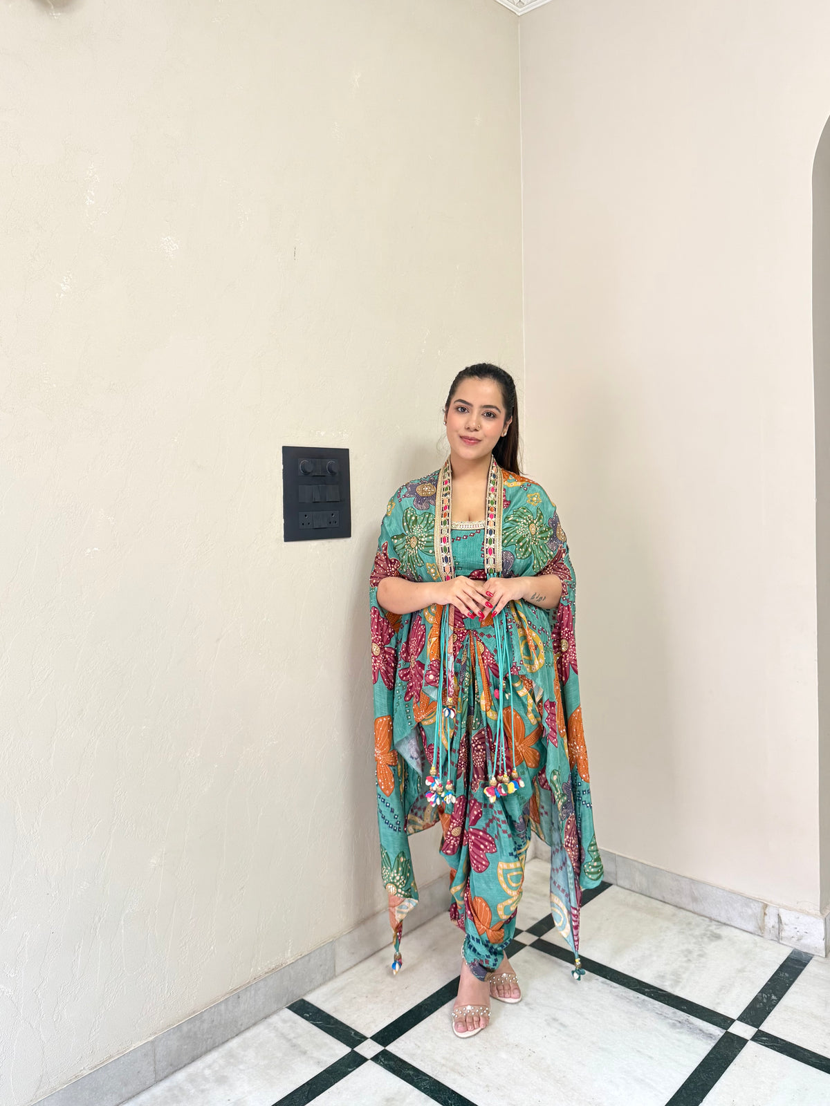 Digital Print Satin Silk Indowestern with Tulip Pants