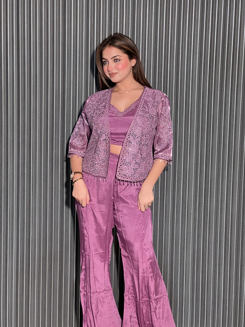 Exquisite Organza & Cut Work Jacket with Pearl and Cut Dana Detailing – Chinon Bottom Set