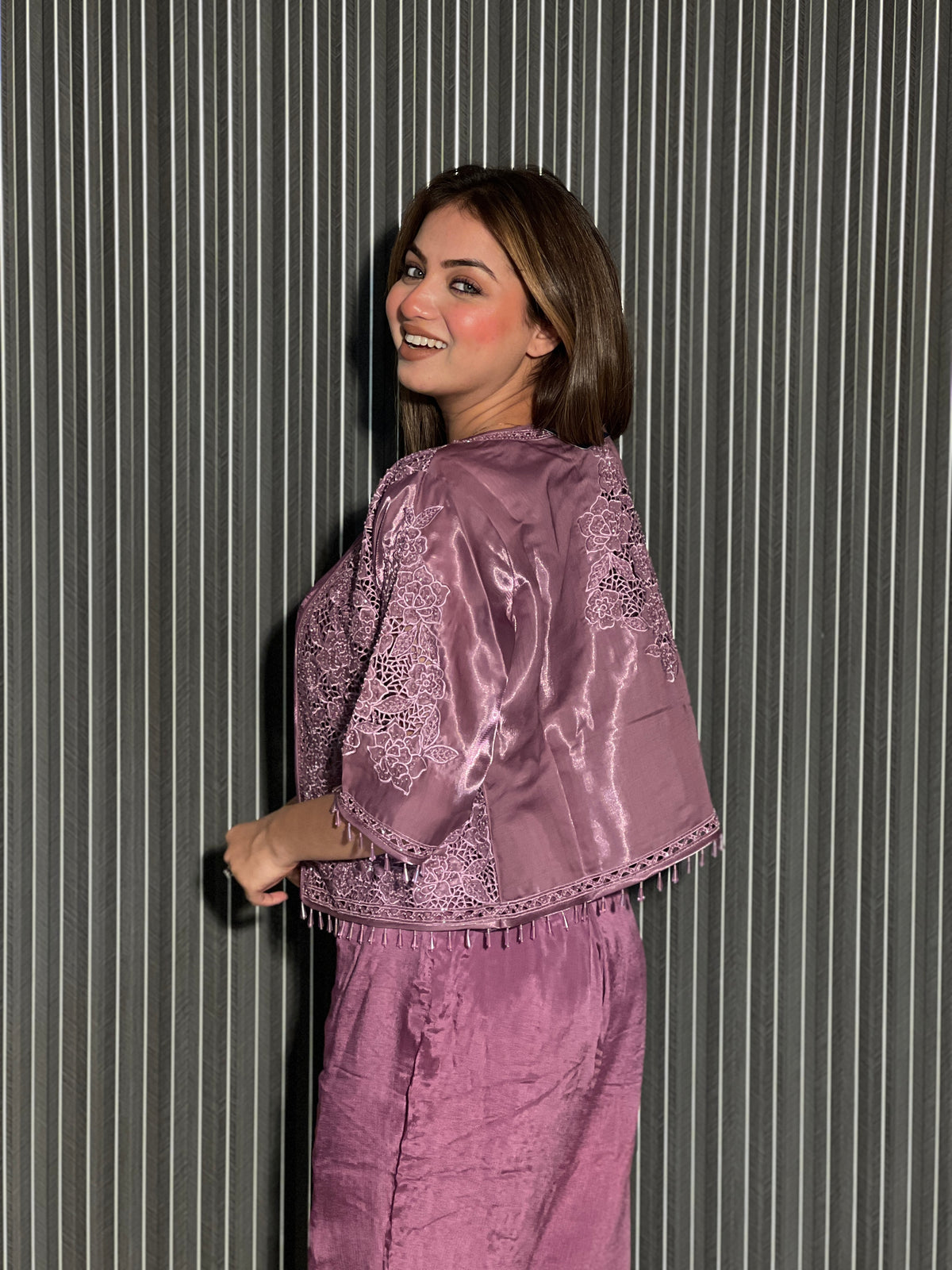 Exquisite Organza & Cut Work Jacket with Pearl and Cut Dana Detailing – Chinon Bottom Set
