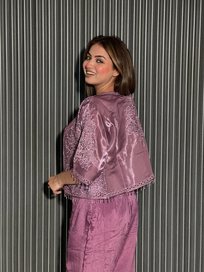 Exquisite Organza & Cut Work Jacket with Pearl and Cut Dana Detailing – Chinon Bottom Set
