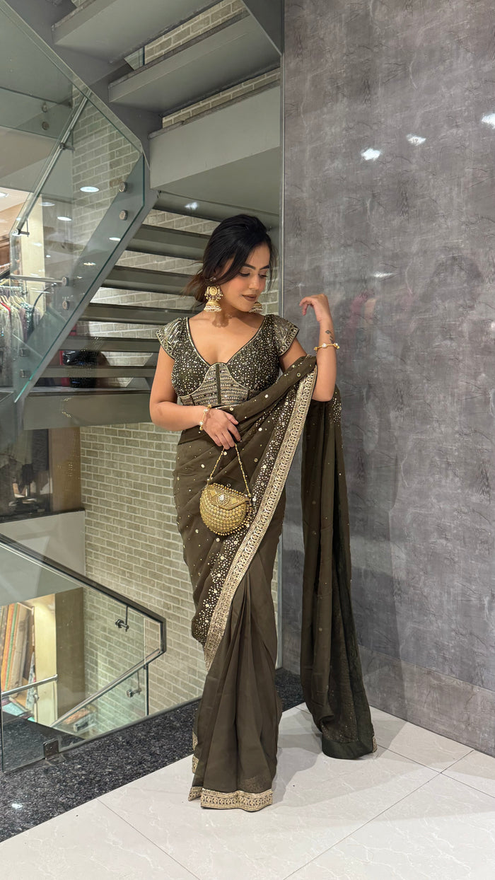 Green Organza Saree with Hand Sequin Work