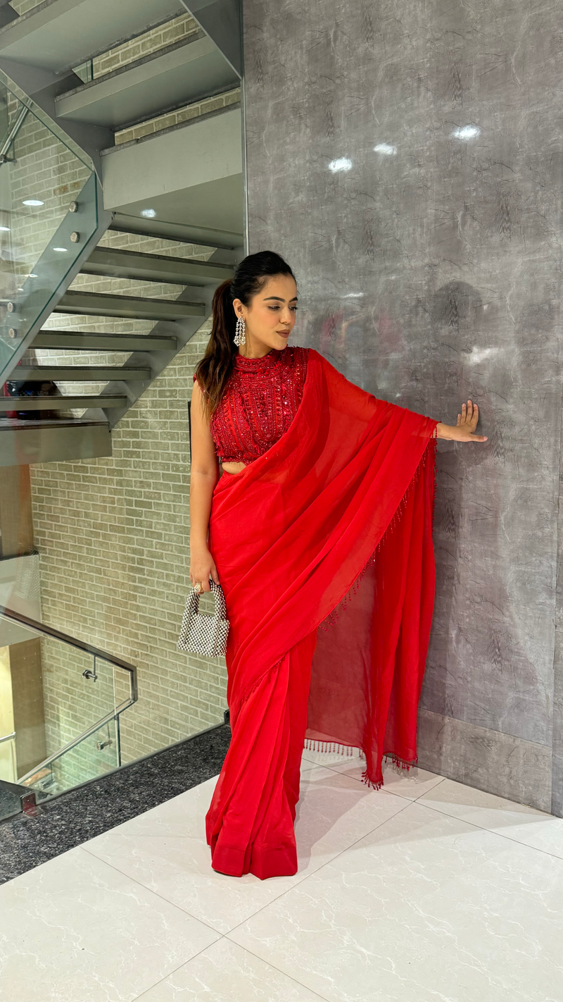 Elegant Red Organza Saree with Net Blouse & Sequin Work