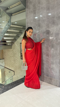 Elegant Red Organza Saree with Net Blouse & Sequin Work