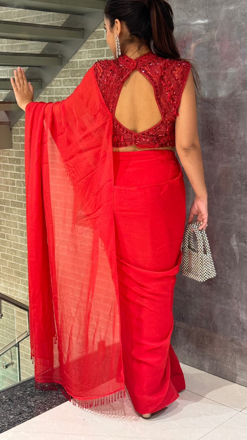 Elegant Red Organza Saree with Net Blouse & Sequin Work