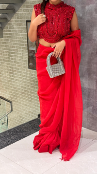 Elegant Red Organza Saree with Net Blouse & Sequin Work