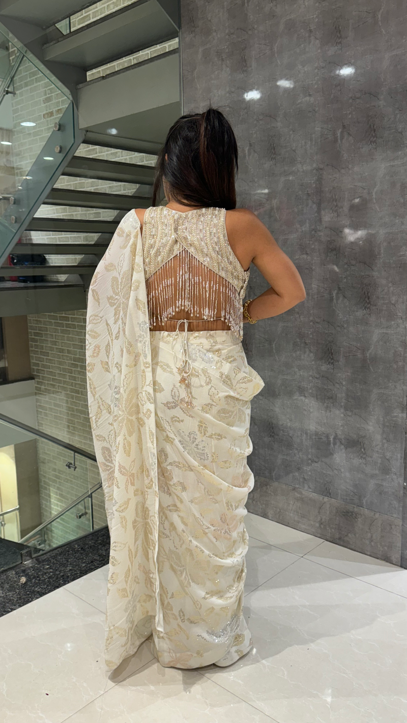 White Georgette Sequin Saree with Handwork Blouse