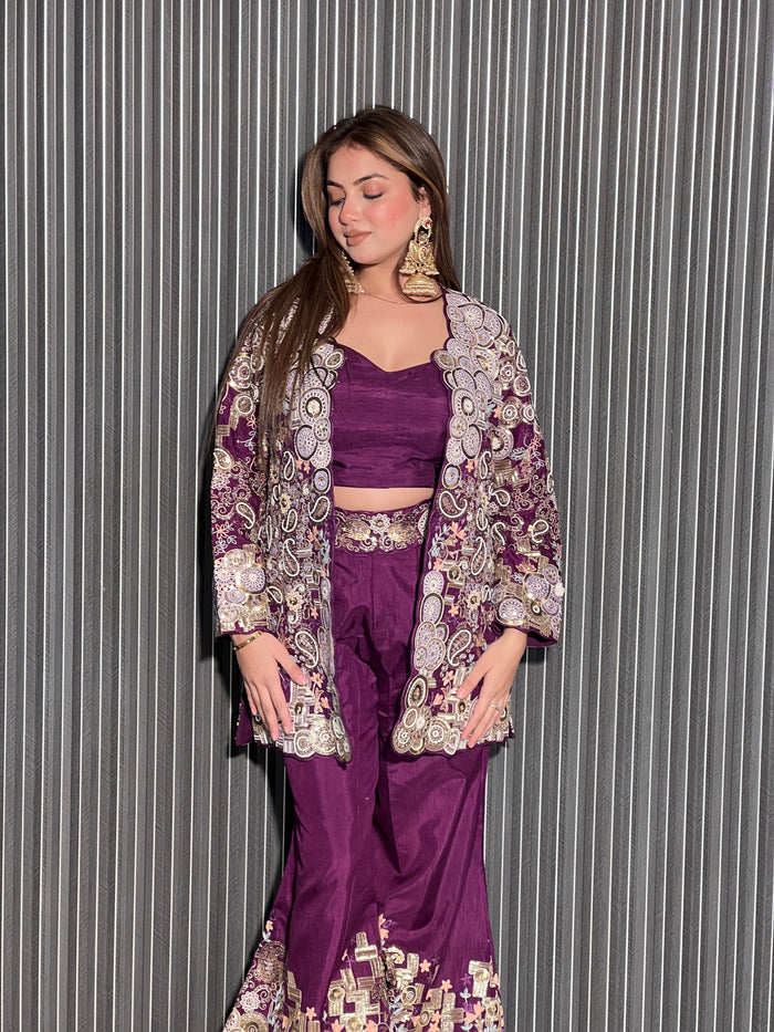 Embroidered Jacket Set with Satin Blouse and Plazo - Premium Ethnic Wear