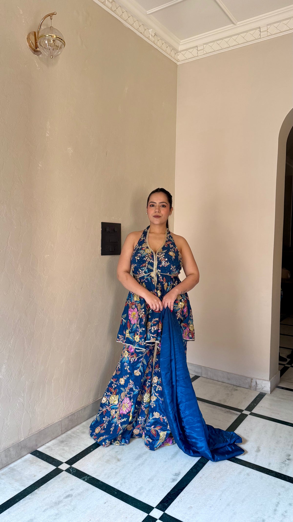 Printed Suit with Dori work|Mirror & Swarovski Work detailing