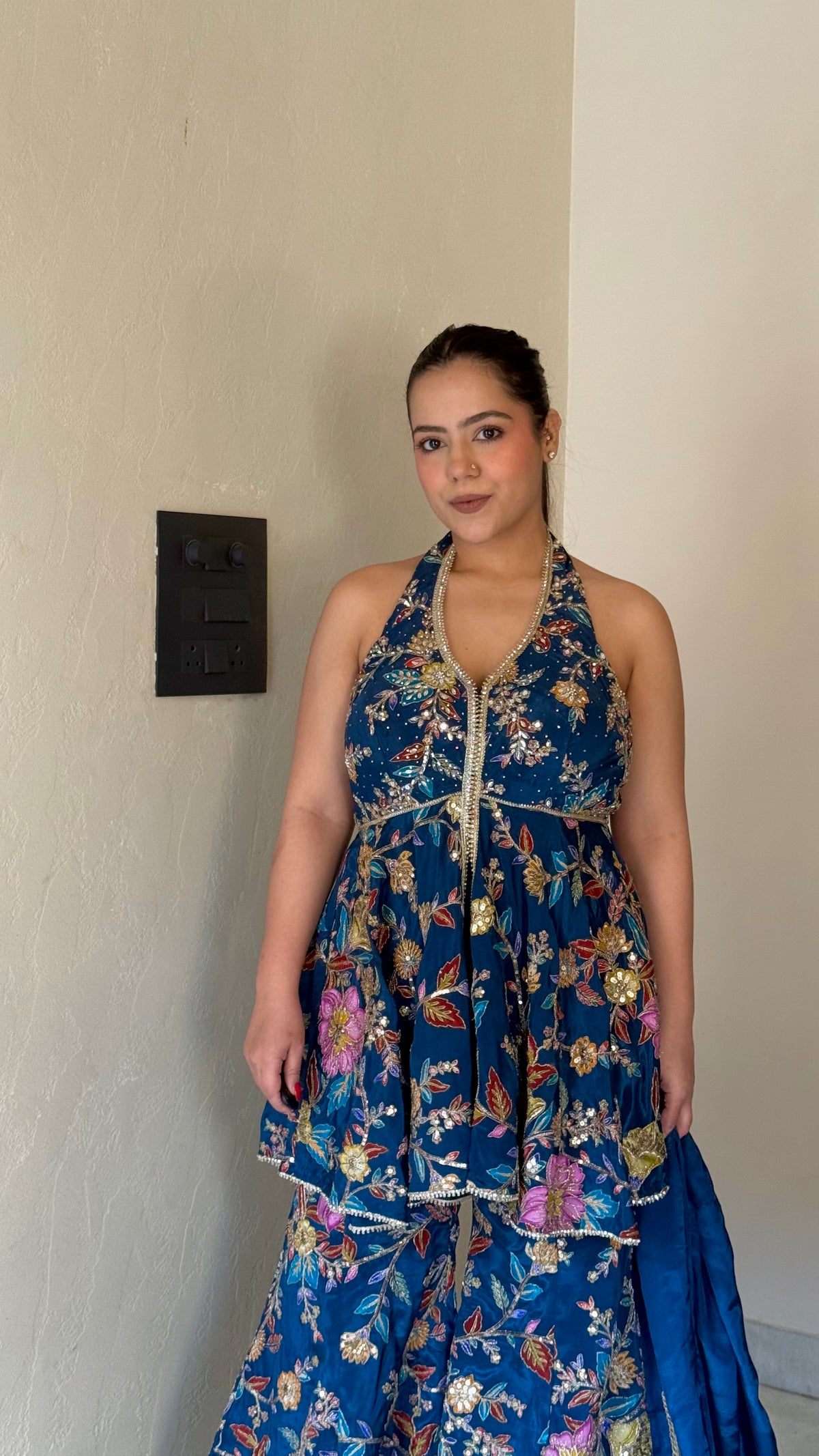 Printed Suit with Dori work|Mirror & Swarovski Work detailing