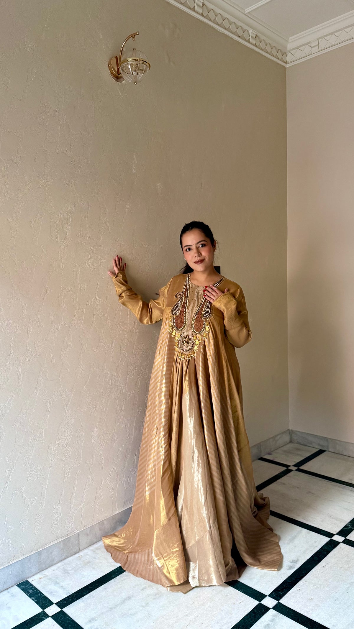 Tissue Silk Suit with Gold-Copper Dabka Work