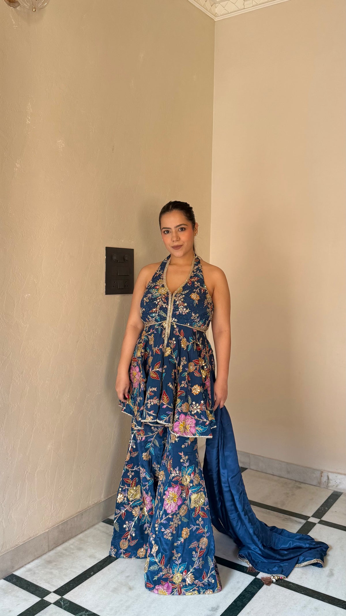 Printed Suit with Dori work|Mirror & Swarovski Work detailing