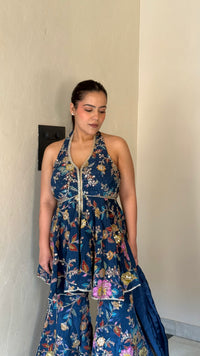 Printed Suit with Dori work|Mirror & Swarovski Work detailing