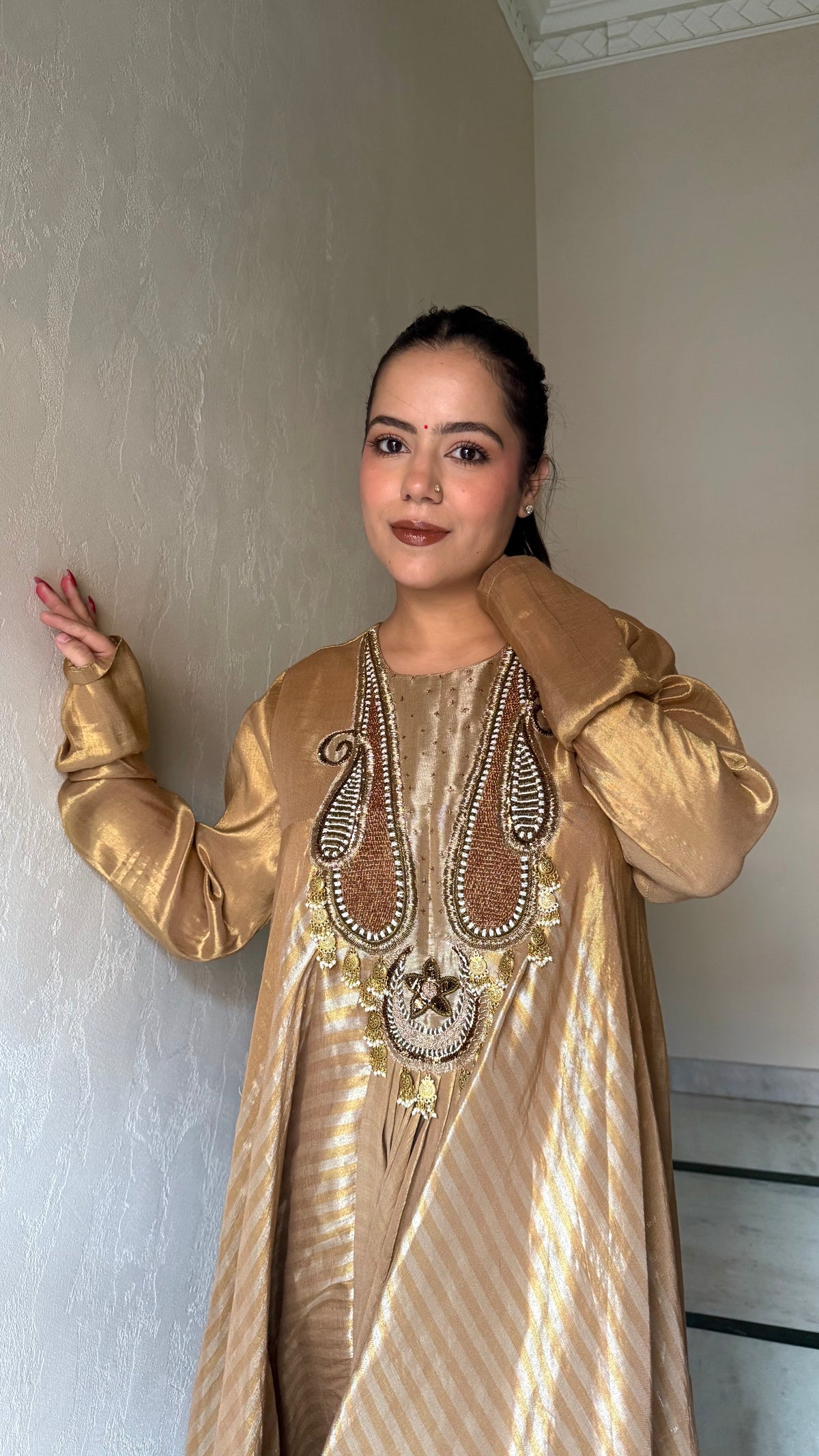 Tissue Silk Suit with Gold-Copper Dabka Work