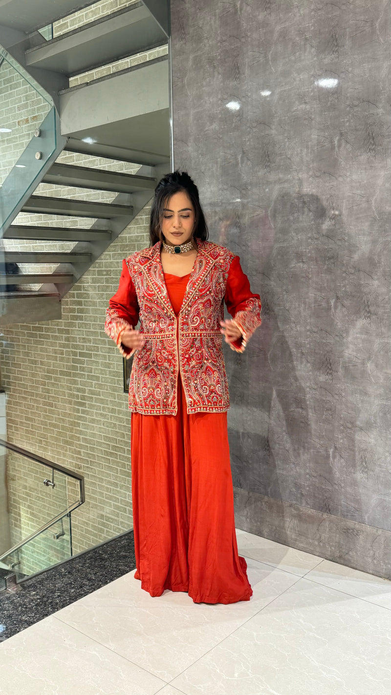 Elegant Kashmiri Machine Embroidery Silk Coat, Blouse & Jacket Set in Orange