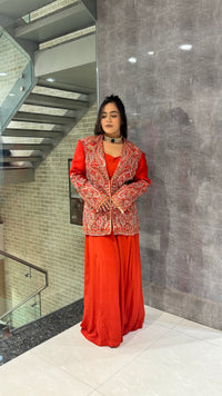 Elegant Kashmiri Machine Embroidery Silk Coat, Blouse & Jacket Set in Orange