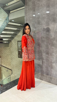 Elegant Kashmiri Machine Embroidery Silk Coat, Blouse & Jacket Set in Orange