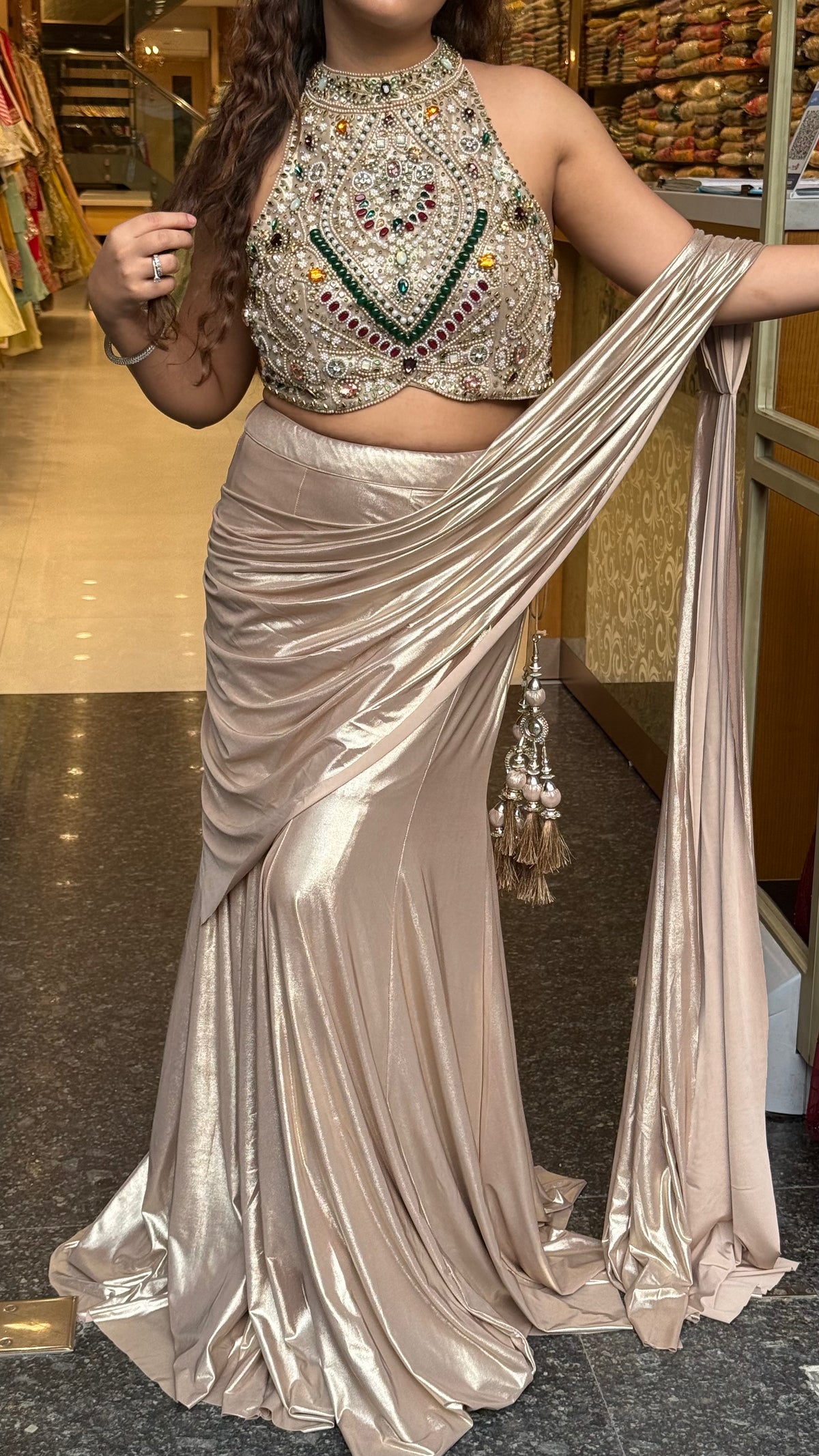 Designer Drape Set with Stone Work Blouse & Metallic Lycra Fish Skirt